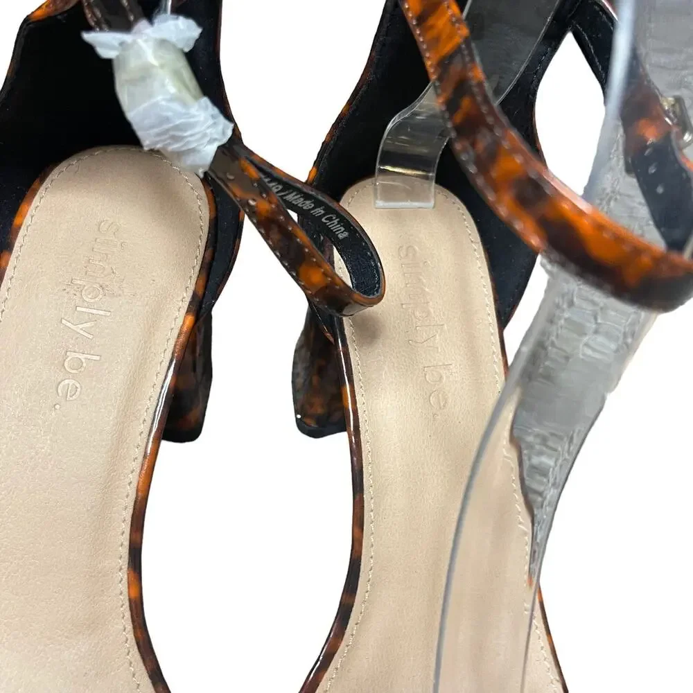 Simply Be Block Heels Women's 8 Brown Open Toe Tortoise Print Ankle Strap New